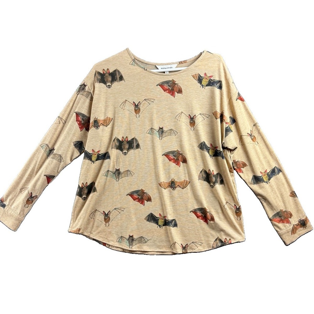 Bat print top shirt Pepaloves women's Large long sleeve Art to wear boho